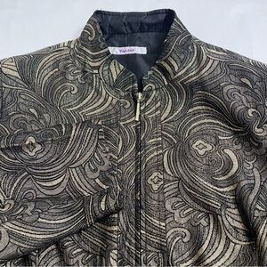TanJay Zippered Jacket Black Gold Swirl Pattern Metallic Pockets Women’s XL